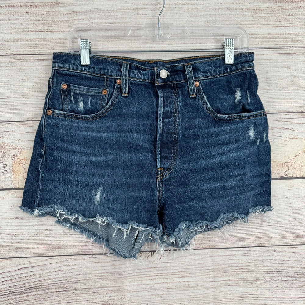 Levi's 501 Original Shorts Women 30 Dark Blue Distressed Raw Hem Denim Cutoffs